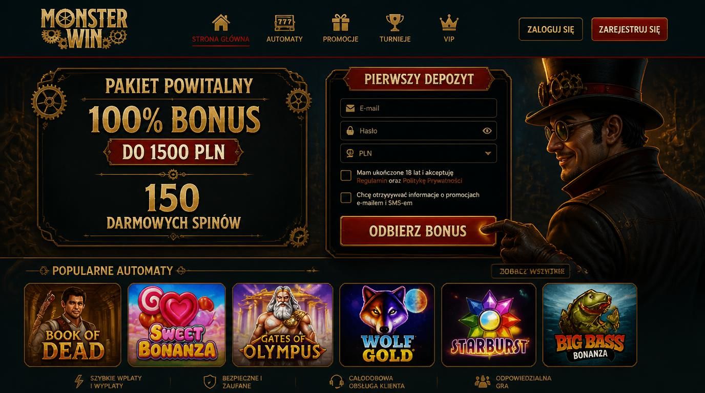 Interfejs kasyna z ofertą powitalną MonsterWin: 100% do 1500 PLN + 150 darmowych spinów