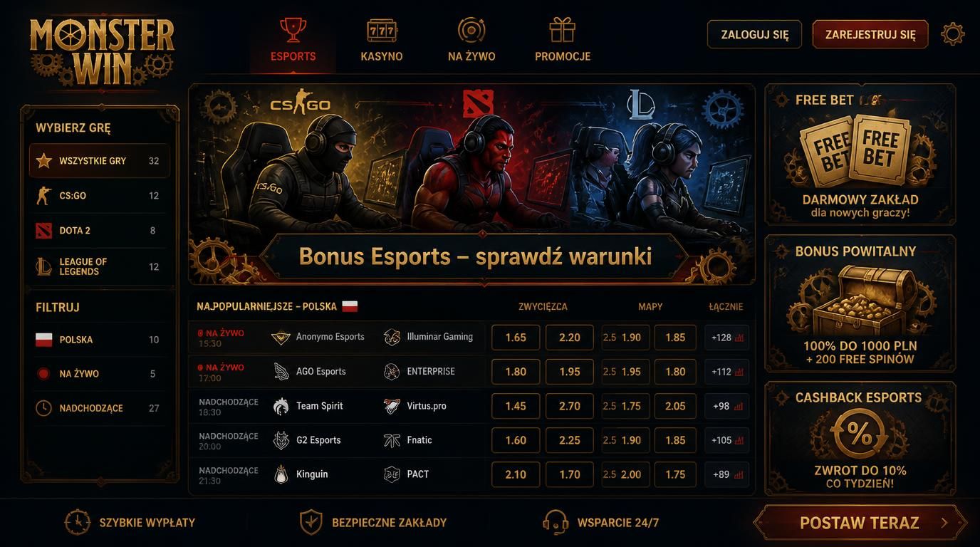 Logo Esports, kursy i bonusy widoczne na ekranie.