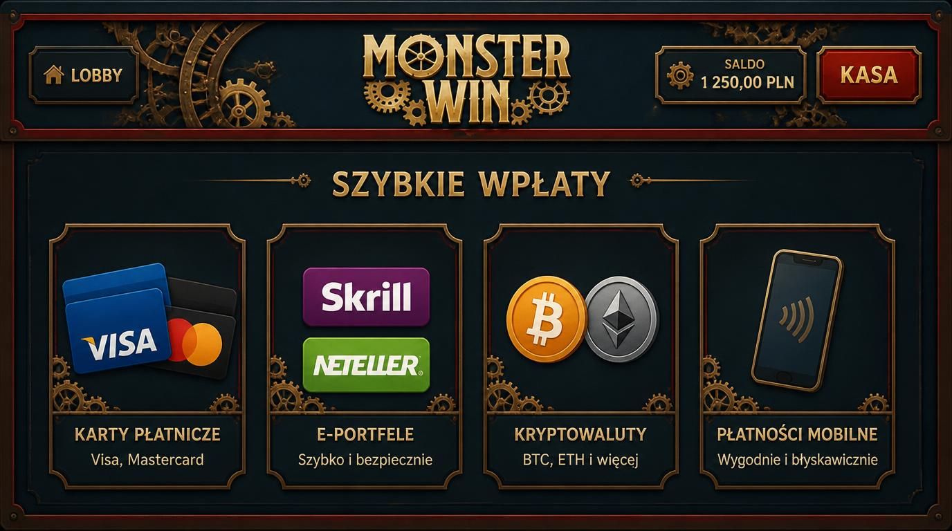 ikony metod płatności – karta, e-portfel, krypto, telefon połączone z monitorem kasynowym.