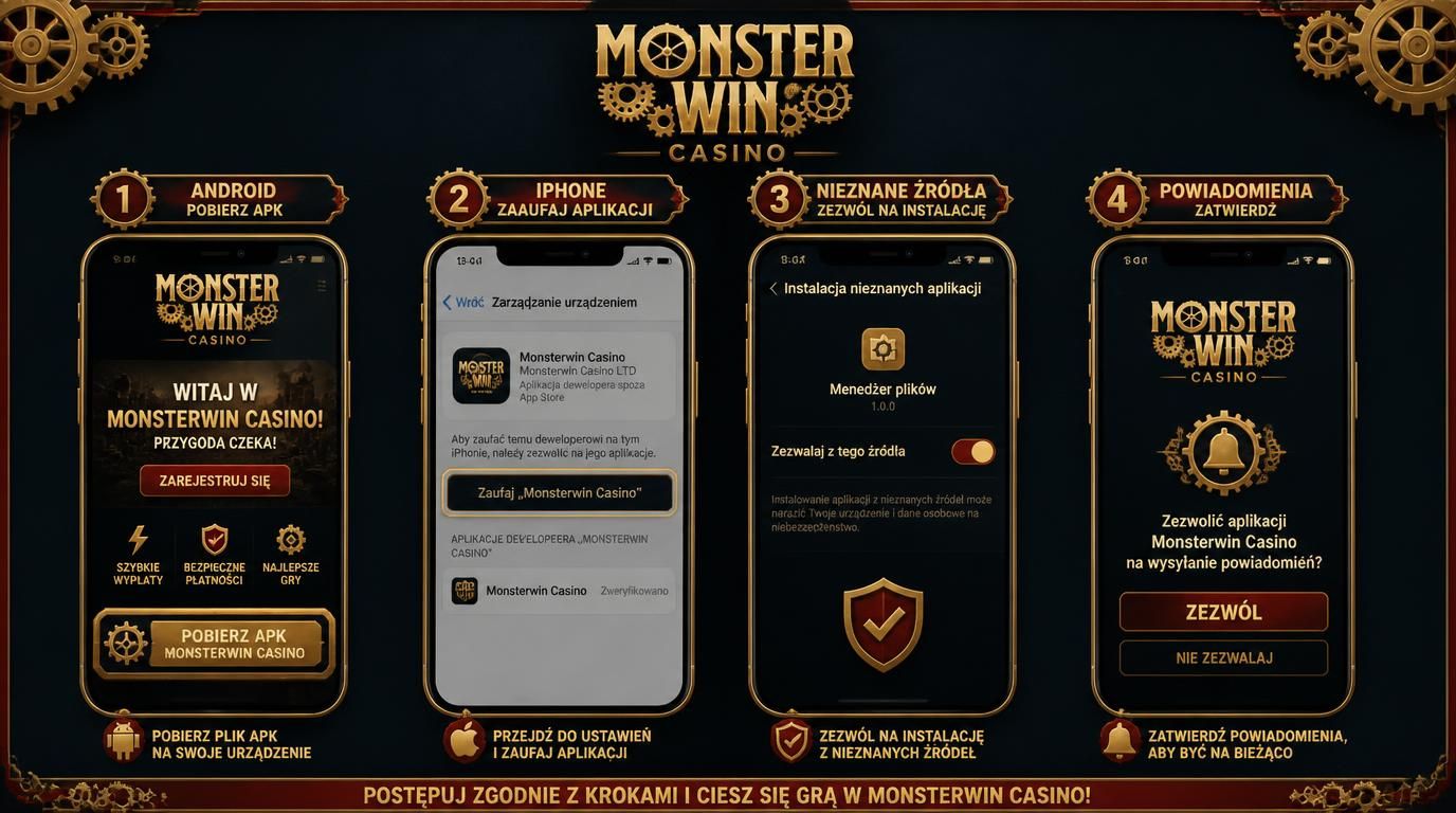 Ekran instalacji aplikacji Monsterwin na Androida i iPhone z potwierdzeniem i przyciskiem „Pobierz APK”.