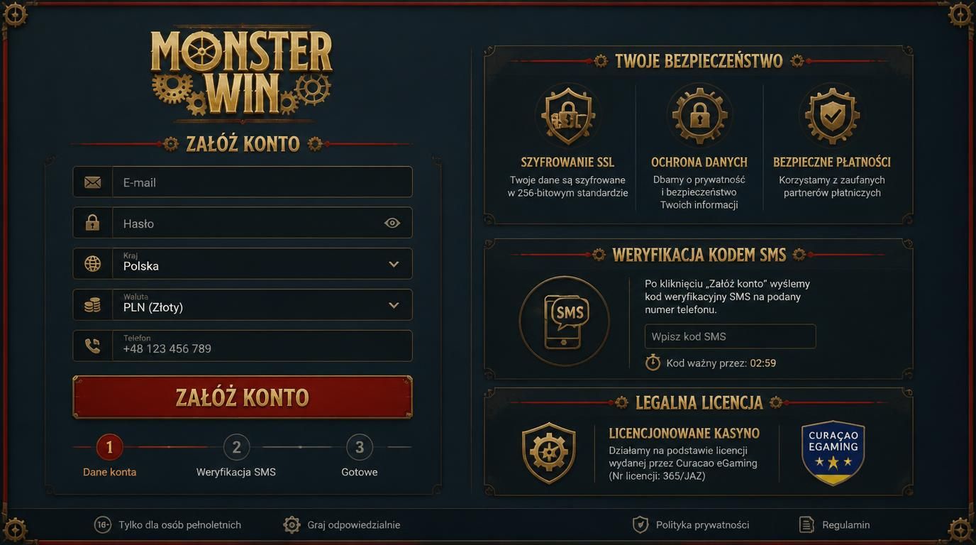 formularz rejestracji z Monsterwin, Polska, waluta, e-mail, potwierdzenie SMS