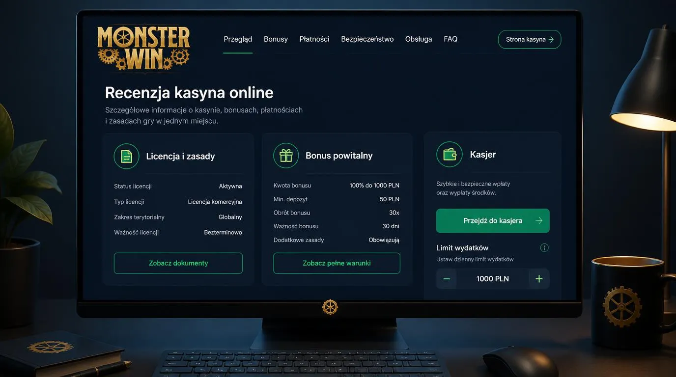 Panel kasyna z kartą licencji, warunkami bonusu i przyciskiem przejścia do kasy