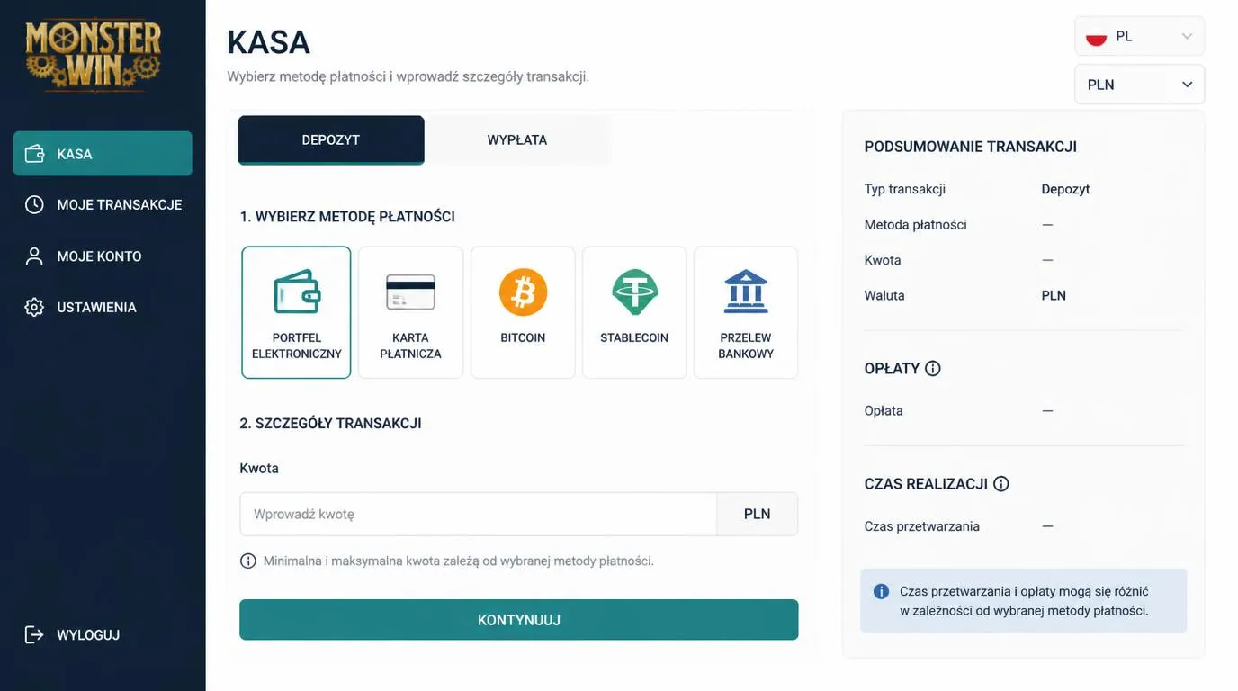 Panel kasjera z wyborem kart, portfeli elektronicznych, kryptowalut i przelewu oraz kwotą w PLN